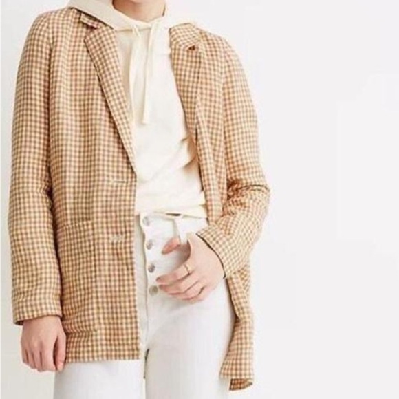 Madewell medium tan and white gingham dorset linen blazer. - Picture 2 of 11
